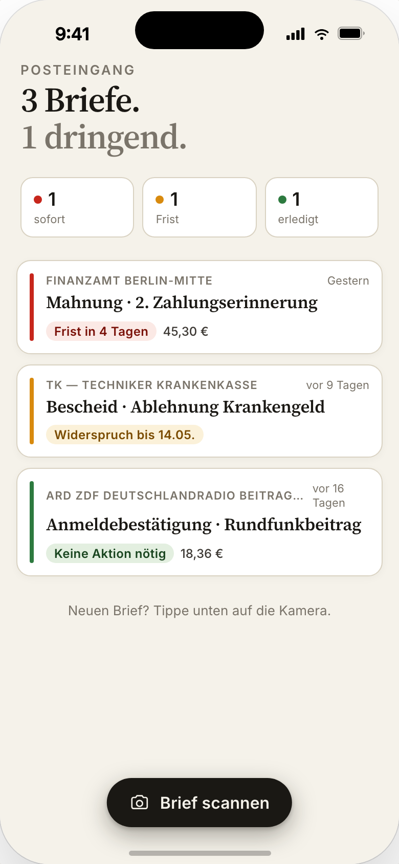 Posteingang — three letters with traffic-light status