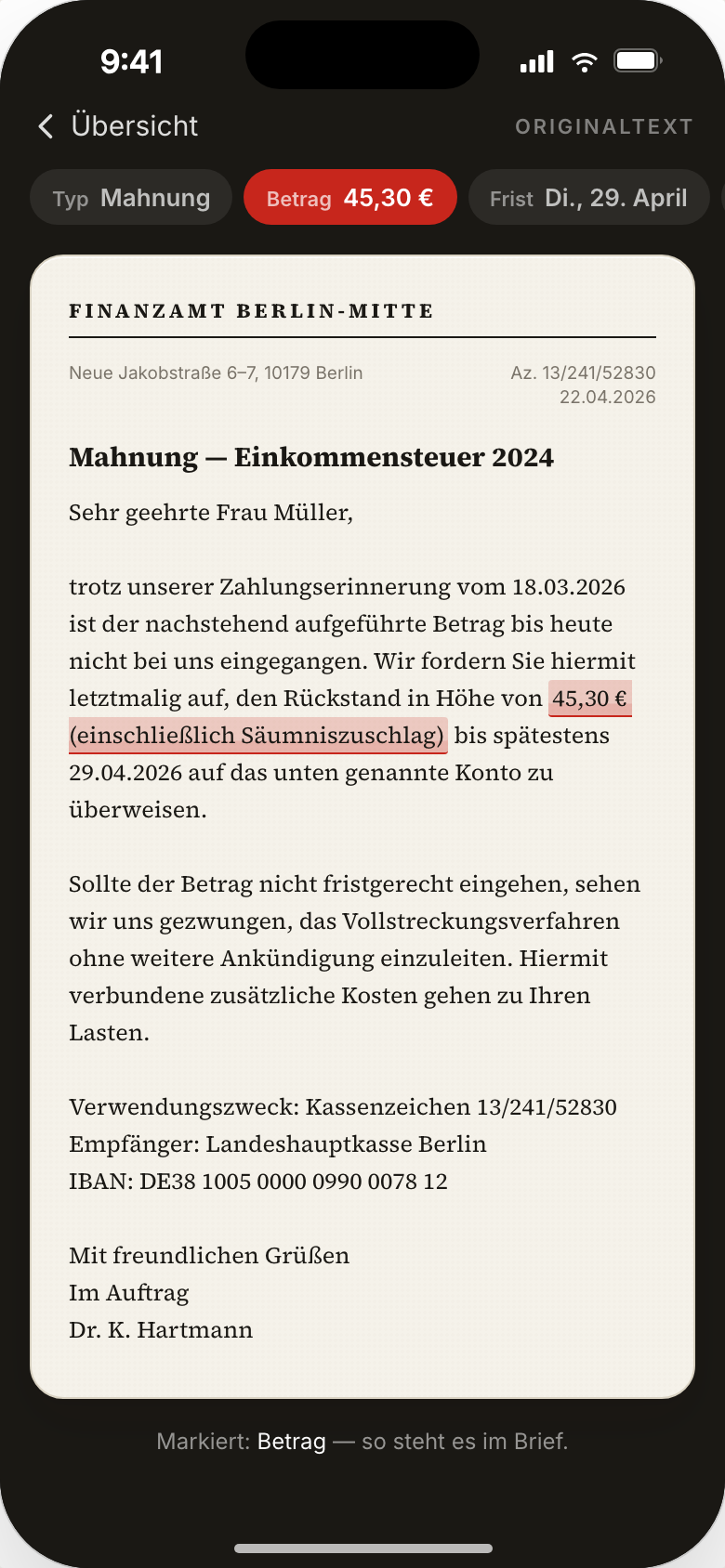 Original Beamten-Deutsch letter with the relevant phrases highlighted
