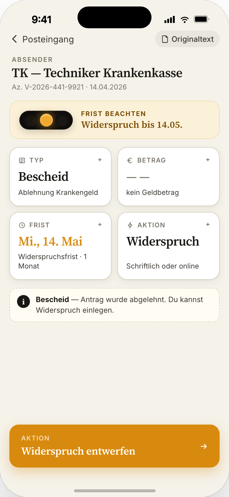 Krankenkasse rejection — amber traffic light, Widerspruch deadline