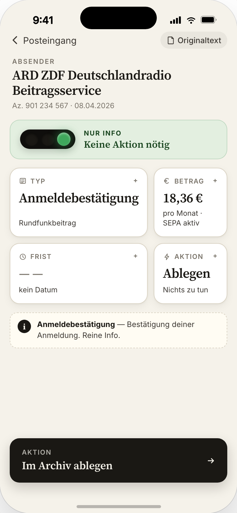 Rundfunkbeitrag confirmation — green traffic light, no action needed