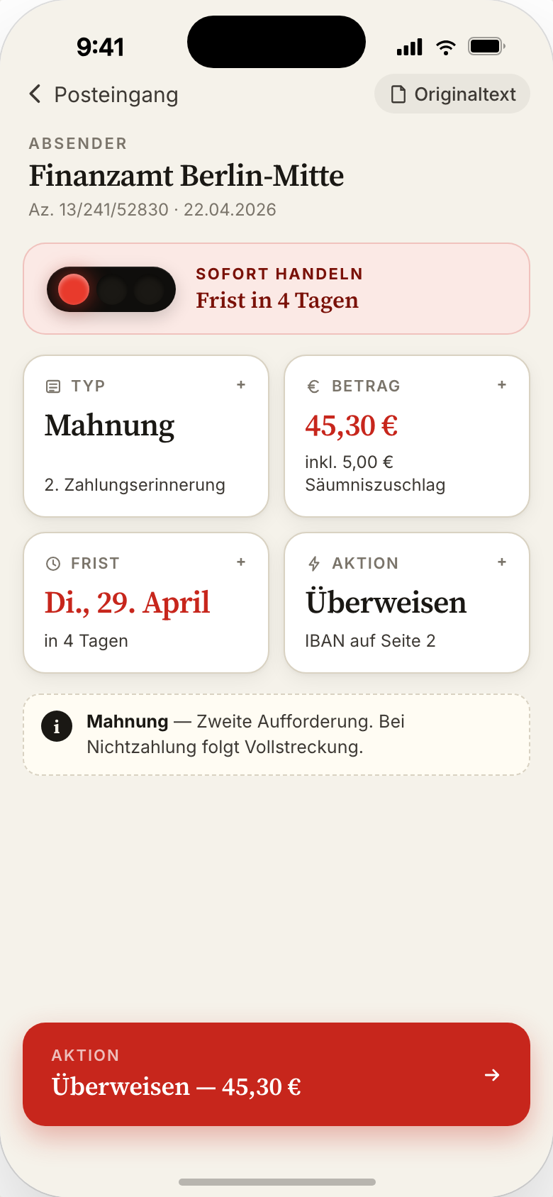 iPhone showing a Mahnung from Finanzamt Berlin-Mitte decoded into four facts: Type, Amount 45.30 EUR, Frist in 4 days, Action