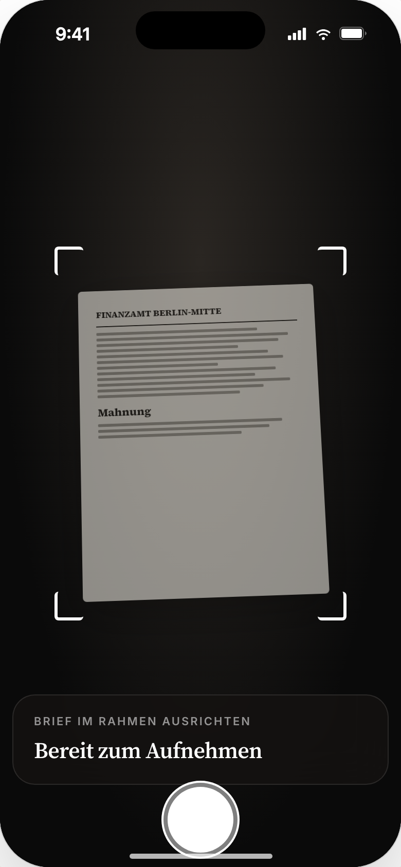 Camera viewfinder framing a letter, ready to scan
