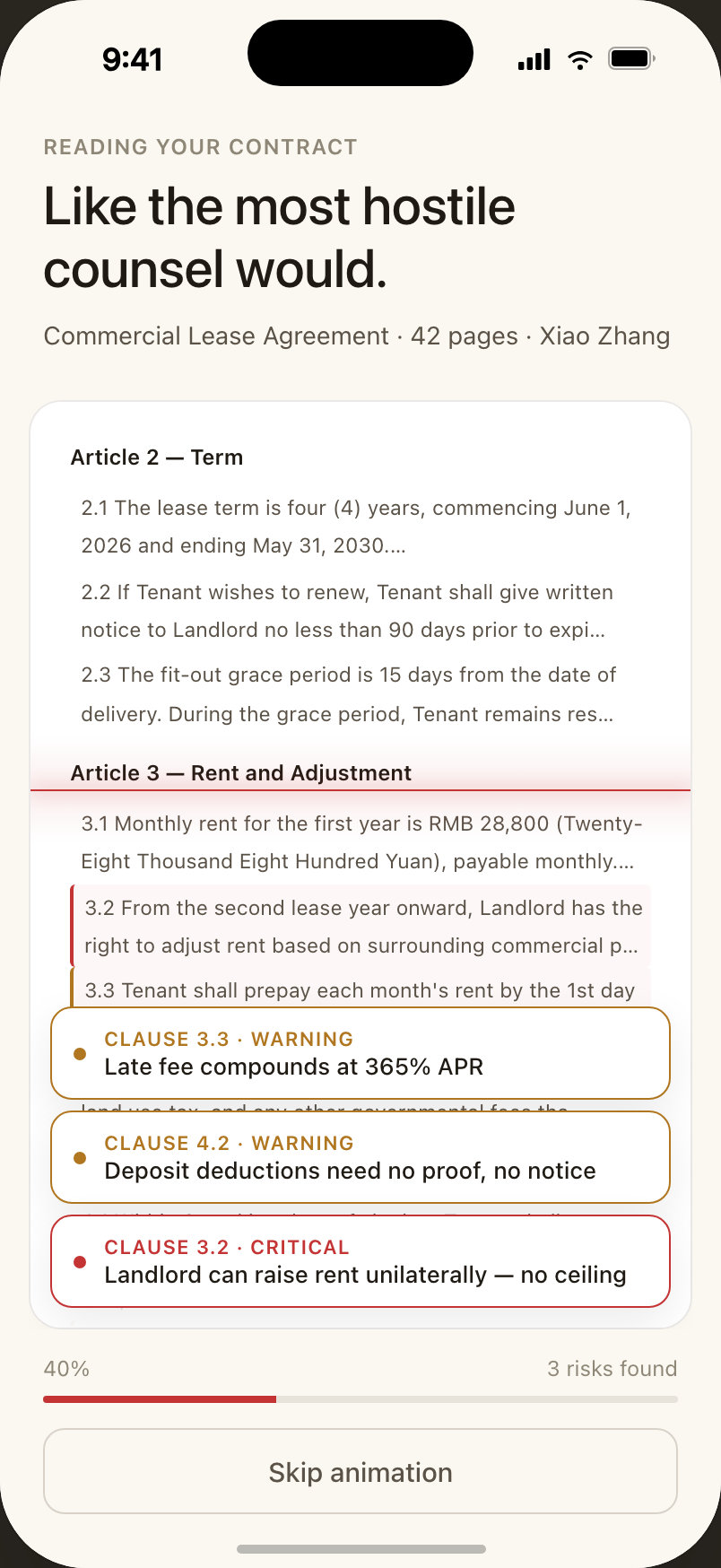 Red Pen scanning a commercial lease — flags appearing live as the AI reads, page-by-page