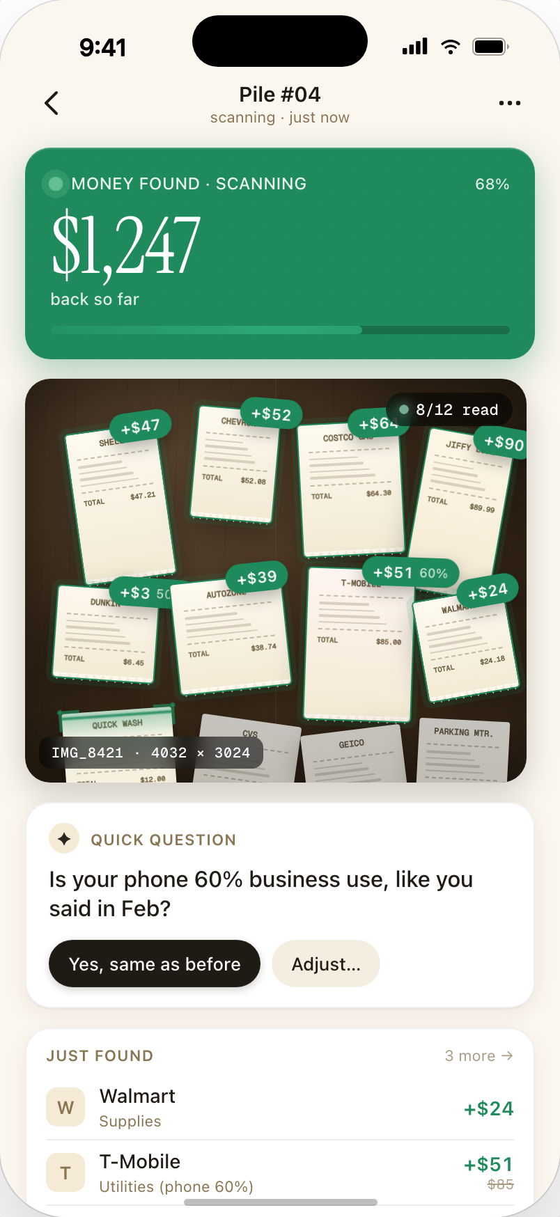 Live scan in progress — receipts being detected on a top-down photo, money found ticking up